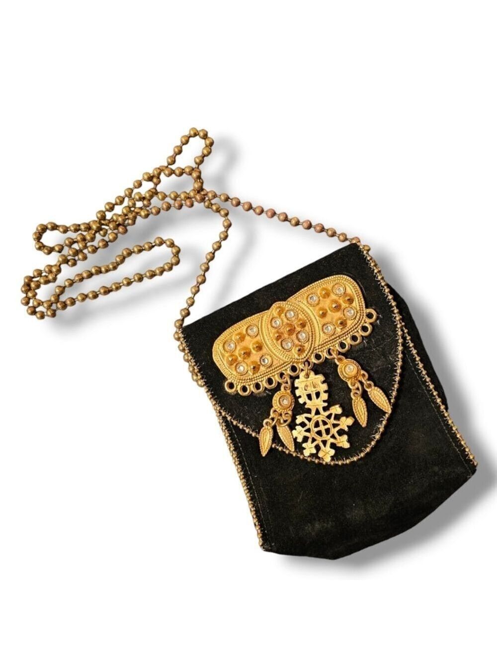 Nina Arjani Leatherock Leather Purse with Beaded Trim 1990's